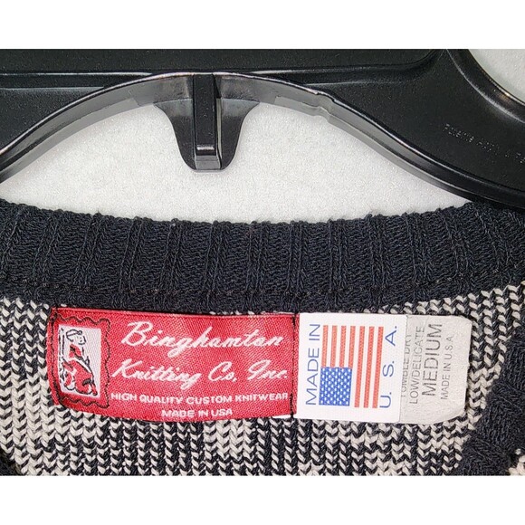 Vintage Binghamton Knitting Co Sweater 80s Black White Geometric Mens Medium - Picture 2 of 3